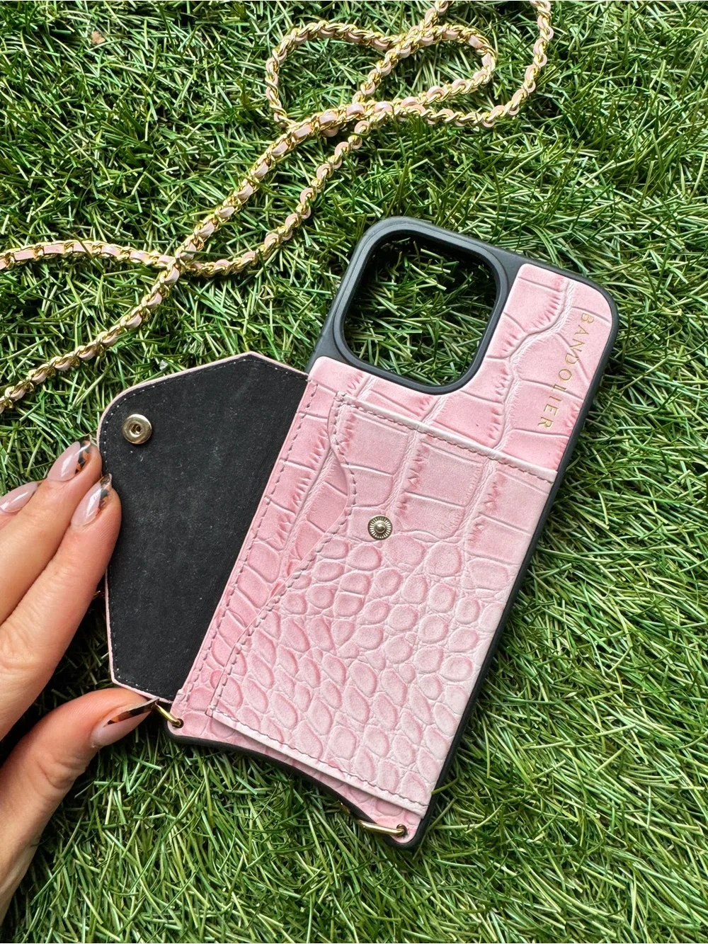 Bandolier Pink Croc iPhone 15 Pro max Phone Crossbody Case with Chain Strap